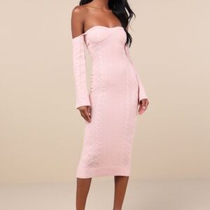 Lulus Cuddly Element Light Pink Cable Knit Off-the-shoulder Midi Dress - Size M